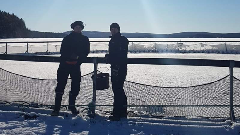 Två fiskodlare i motljus vintertid